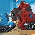 Modré a červené kreslené tanky bojujúce na hernej scéne s použitím zbrane a cirkulárky