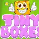 Usmievajúci sa žltý kreslený štvorček s palcami hore nad fialovým nápisom Tiny Boxes na zelenom pozadí