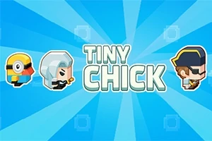 Tri kreslené postavičky s textom Tiny Chick na modrom pozadí so svetlými pruhmi