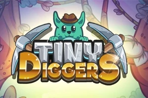 Zelená kreslená postavička s klobúkom drží nápis Tiny Diggers s dvoma krumpáčmi na farebnom pozadí