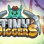 Zelená kreslená postavička s klobúkom drží nápis Tiny Diggers s dvoma krumpáčmi na farebnom pozadí
