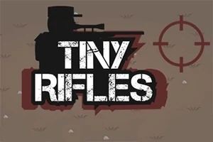 Silueta vojaka so zbraňou vedľa nápisu Tiny Rifles s terčom na pozadí