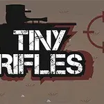 Silueta vojaka so zbraňou vedľa nápisu Tiny Rifles s terčom na pozadí