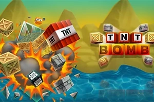 Drevené a kovové krabice vybuchujú nad vodou s nápisom TNT BOMB na pozadí hôr