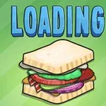 Na obrázku je sendvič s vrstvami šalátu, paradajok a iných prísad na zelenom pozadí s modrým nápisom LOADING