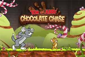 Tom and Jerry: Chocolate Chase Kreslená scéna s mačkou naháňajúcou myš v krajine z cukroviniek a čokolády