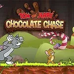 Tom and Jerry: Chocolate Chase Kreslená scéna s mačkou naháňajúcou myš v krajine z cukroviniek a čokolády