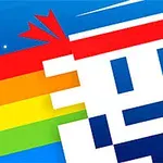 Pixelová tvár s červenou čelenkou a dúhovými pruhmi na modrom pozadí