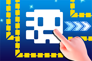 Biela pixelová postava na modrom pozadí s labyrintom zo žltých blokov a rukou ukazujúcou na modrý šíp