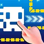 Biela pixelová postava na modrom pozadí s labyrintom zo žltých blokov a rukou ukazujúcou na modrý šíp