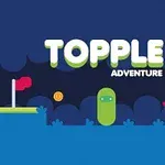 Ilustrácia s textom TOPPLE ADVENTURE, zeleným postavičkou, vlajkou, mincou a červeným vozidlom