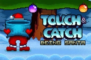 Santa Claus stojí pod stromom držiac veľký modrý balík s nápisom Touch & Catch: Being Santa vedľa neho
