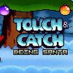Santa Claus stojí pod stromom držiac veľký modrý balík s nápisom Touch & Catch: Being Santa vedľa neho