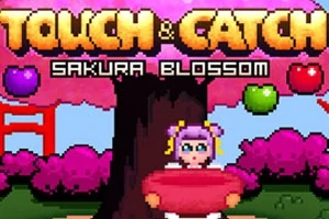Pixelová postava s ružovým košíkom stojí pod sakurovým stromom s farebnými jablkami a nápisom „TOUCH & CATCH: SAKURA BLOSSOM“ hore