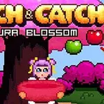 Pixelová postava s ružovým košíkom stojí pod sakurovým stromom s farebnými jablkami a nápisom „TOUCH & CATCH: SAKURA BLOSSOM“ hore
