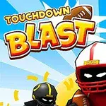 Kreslené postavičky v športovom výstroji, pričom jedna má červenú prilbu a nesie futbalovú loptu, na pozadí s modrým lúčom a nápisom Touchdown Blast