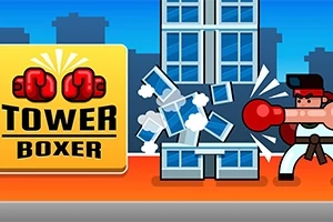 Postavička s boxerskými rukavicami udiera do budovy, okolo sú padajúce kusy a veľký nápis s logom
