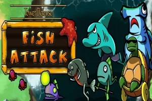 Farebné karikatúrne zvieratá vrátane žraloka, korytnačky a iných rýb okolo nápisu Fish Attack