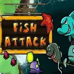 Farebné karikatúrne zvieratá vrátane žraloka, korytnačky a iných rýb okolo nápisu Fish Attack