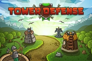 Kreslená scéna s bojovníkmi na vežiach a lesnou cestou na pozadí hôr s nápisom Tower Defense