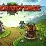 Kreslená scéna s bojovníkmi na vežiach a lesnou cestou na pozadí hôr s nápisom Tower Defense