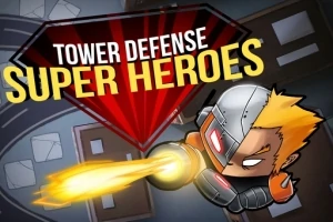 Superhrdina v brnení strieľa žltý lúč, pod nápisom Tower Defense Super Heroes