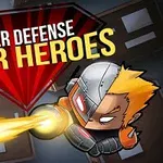 Superhrdina v brnení strieľa žltý lúč, pod nápisom Tower Defense Super Heroes
