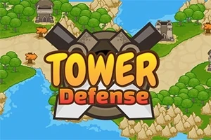 Nápis Tower Defense cez ilustráciu krajiny s cestami, riekami a stavbami