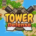 Nápis Tower Defense cez ilustráciu krajiny s cestami, riekami a stavbami