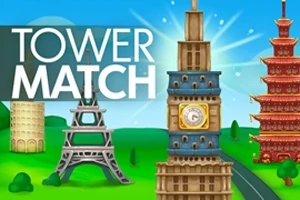 Rôzne ikonické veže z celého sveta na zelenom pozadí s modrou oblohou a nápisom TOWER MATCH