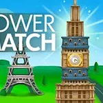 Rôzne ikonické veže z celého sveta na zelenom pozadí s modrou oblohou a nápisom TOWER MATCH