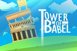 Naklonená veža s klasickou architektúrou na zelenej ploche s modrou oblohou a textom „Tower of Babel“