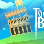 Naklonená veža s klasickou architektúrou na zelenej ploche s modrou oblohou a textom „Tower of Babel“