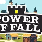 Ilustrácia dediny s vežami v pozadí a nadpisom Tower of Fall v popredí