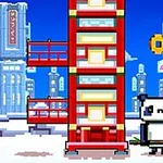 Panda stojí vedľa vysokého červeného stĺpu v pixel art meste s modrou oblohou a zasneženým okolím