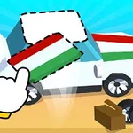 Kreslené auto s chýbajúcimi časťami karosérie, kde ruka manipuluje s dielmi s talianskou vlajkou