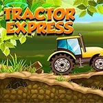 Žltý traktor na drsnej ceste obklopený zeleňou a listami s nápisom TRACTOR EXPRESS v hornej časti