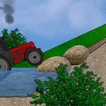 Červený traktor jazdí cez potok vedľa veterného mlyna a skál, s modrou oblohou v pozadí