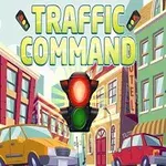 Dopravné svetlá na križovatke medzi mestskými budovami s autami, v pozadí názov Traffic Command