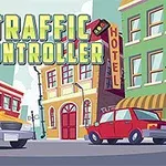 Dopravná scéna s dvomi autami na ceste medzi mestskými budovami a nápisom Traffic Controller v pozadí