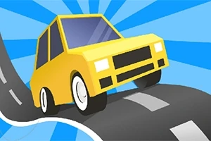 Žlté auto jazdí po kľukatej ceste na modro-bielom pozadí s pruhmi