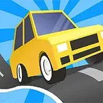 Žlté auto jazdí po kľukatej ceste na modro-bielom pozadí s pruhmi