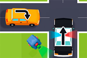 Oranžové auto odbočuje vľavo a čierne auto ide rovno na križovatke s ikonami smeru
