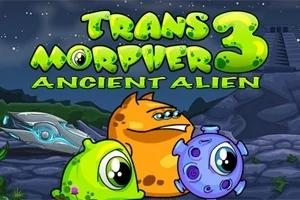 Tri farebné mimozemské postavičky stoja pred kozmickou scenériou s nápisom Transmorpher 3 Ancient Alien