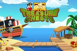 Na obrázku je pirátska loď, malý prístav na pláži a palmy, s truhlami s pokladmi a nápisom Treasure Chests v hornej časti