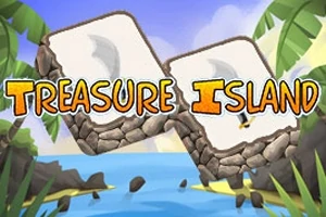 Tropický ostrov s palmami, modrou oblohou a nápisom Treasure Island na kamenných blokoch