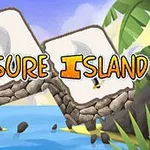 Tropický ostrov s palmami, modrou oblohou a nápisom Treasure Island na kamenných blokoch