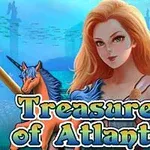 Ryšavá žena s trojzubcom stojí vedľa modrého jednorožca pod vodou s nápisom Treasures of Atlantis