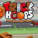 Karikatúrny basketbalista mieri na kôš s nápisom Trick Hoops Puzzle Edition v pozadí