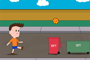 Animovaná postava kope oranžovú loptu smerom k dvom farebným odpadkovým košom označeným bodmi